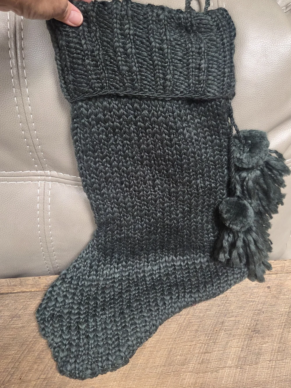 Place & Time Chunky Dark Green Knit Christmas Stocking w/ Pompoms ~ Bin 1D